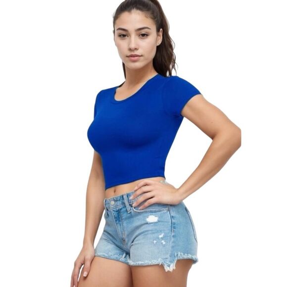 Fashionista Fix Boutique Tops - Women's Short Sleeve Roundneck Crop Top: Royal Blue